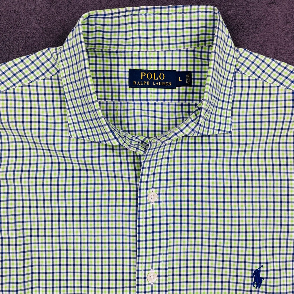Polo Ralph Lauren Shirt Mens Large Green Blue Gingham Plaid Long Sleeve Button